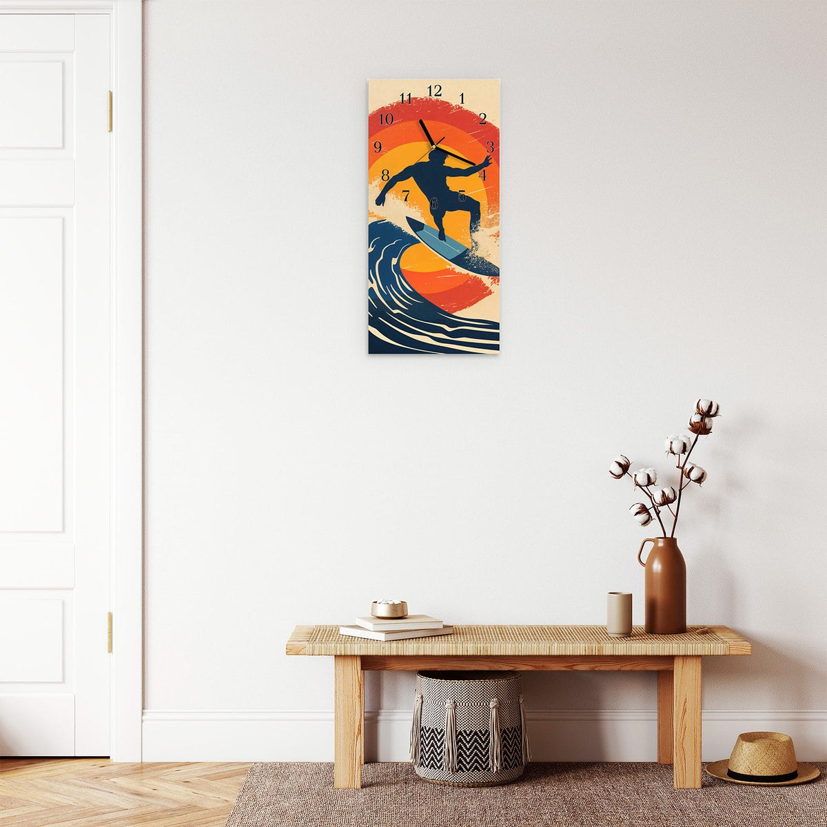 Moderne Wanduhr aus Glas mit Farbtiefe – Wanduhr Surferwelle aus Glas – Hochformat 30 × 60 cm