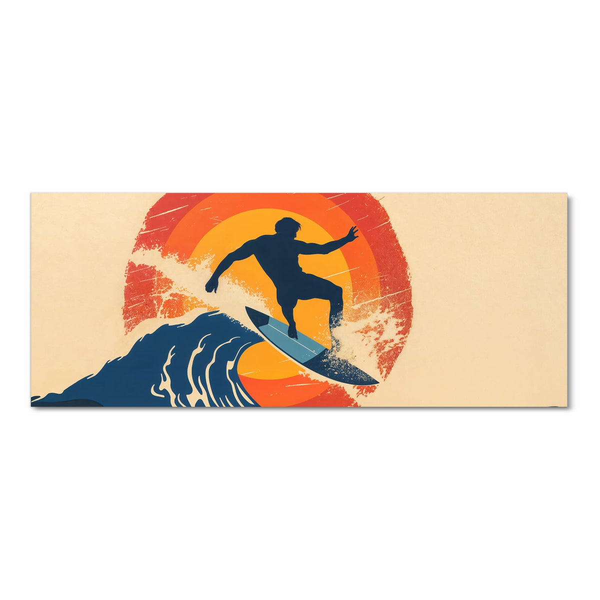 Retro-Grafik: Surfer-Silhouette auf blauer Welle vor einer roten Ringsonne, körniger Druck