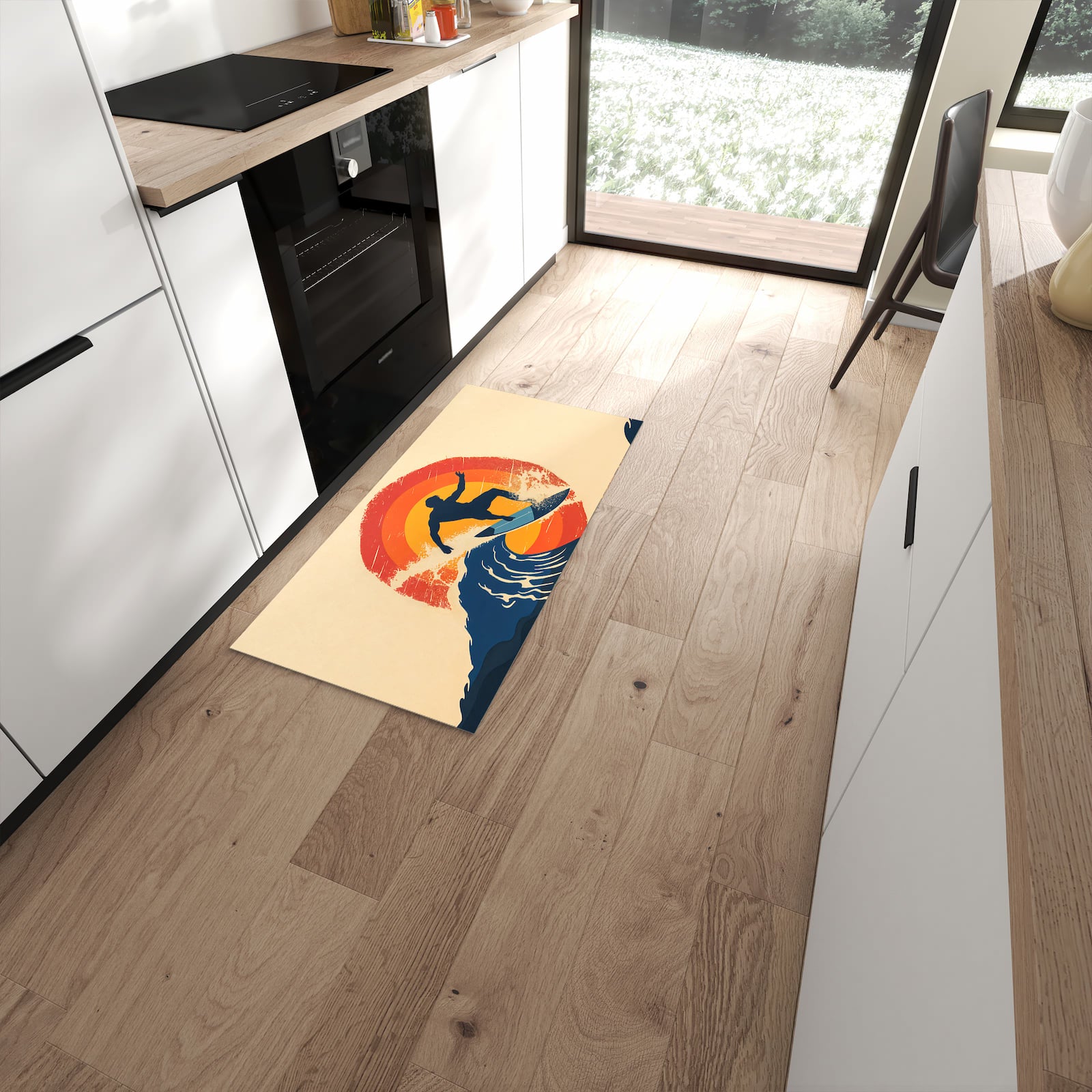 Bodenschonender rutschfester Läufer mit Motiv Surferwelle in moderner Küche #grösse_60 x 120 cm