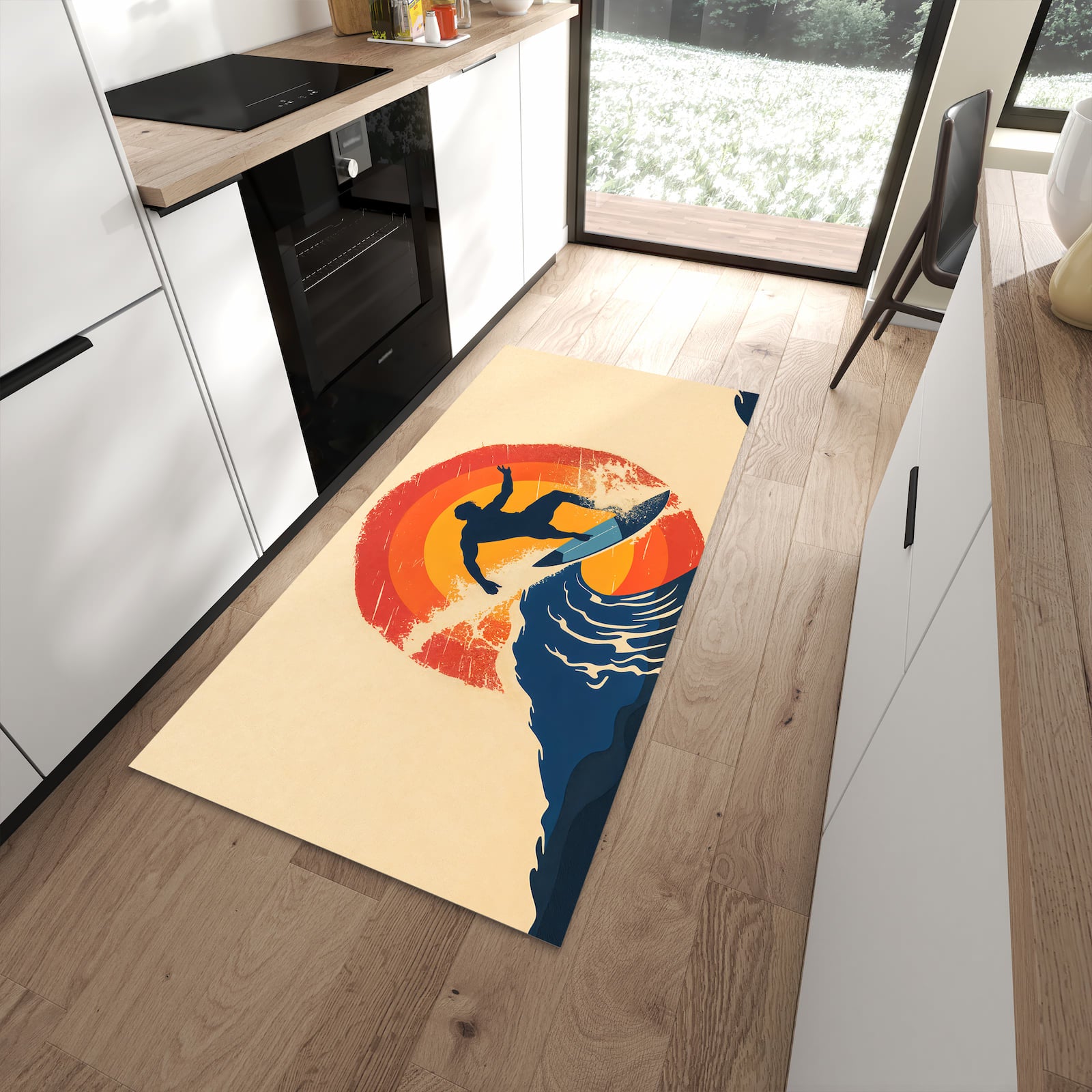 Schmutzabweisender Küchenteppich mit Motiv Surferwelle in moderner Küche