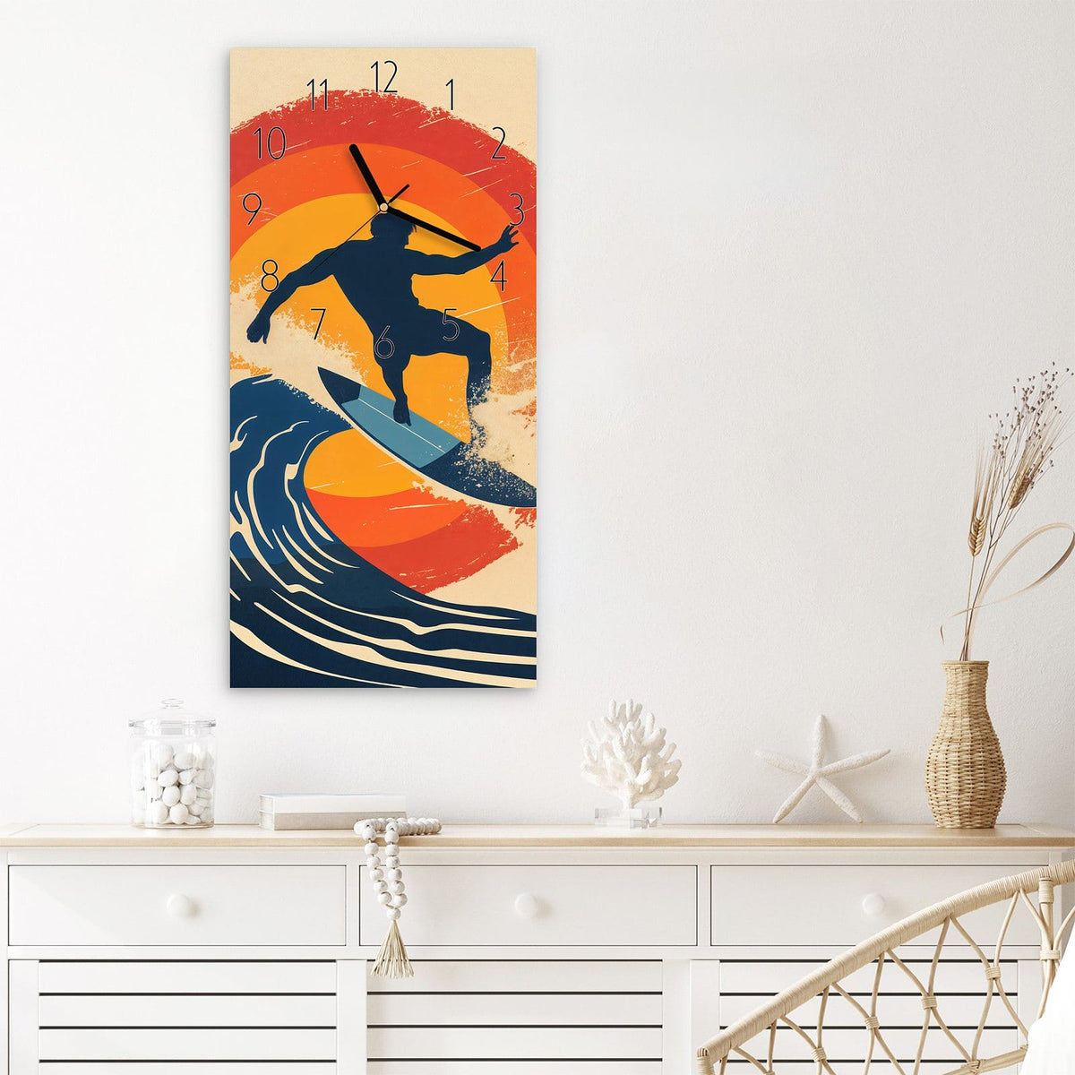 Wanduhr Surferwelle aus Glas – Surfer auf riesiger Retro-Welle
