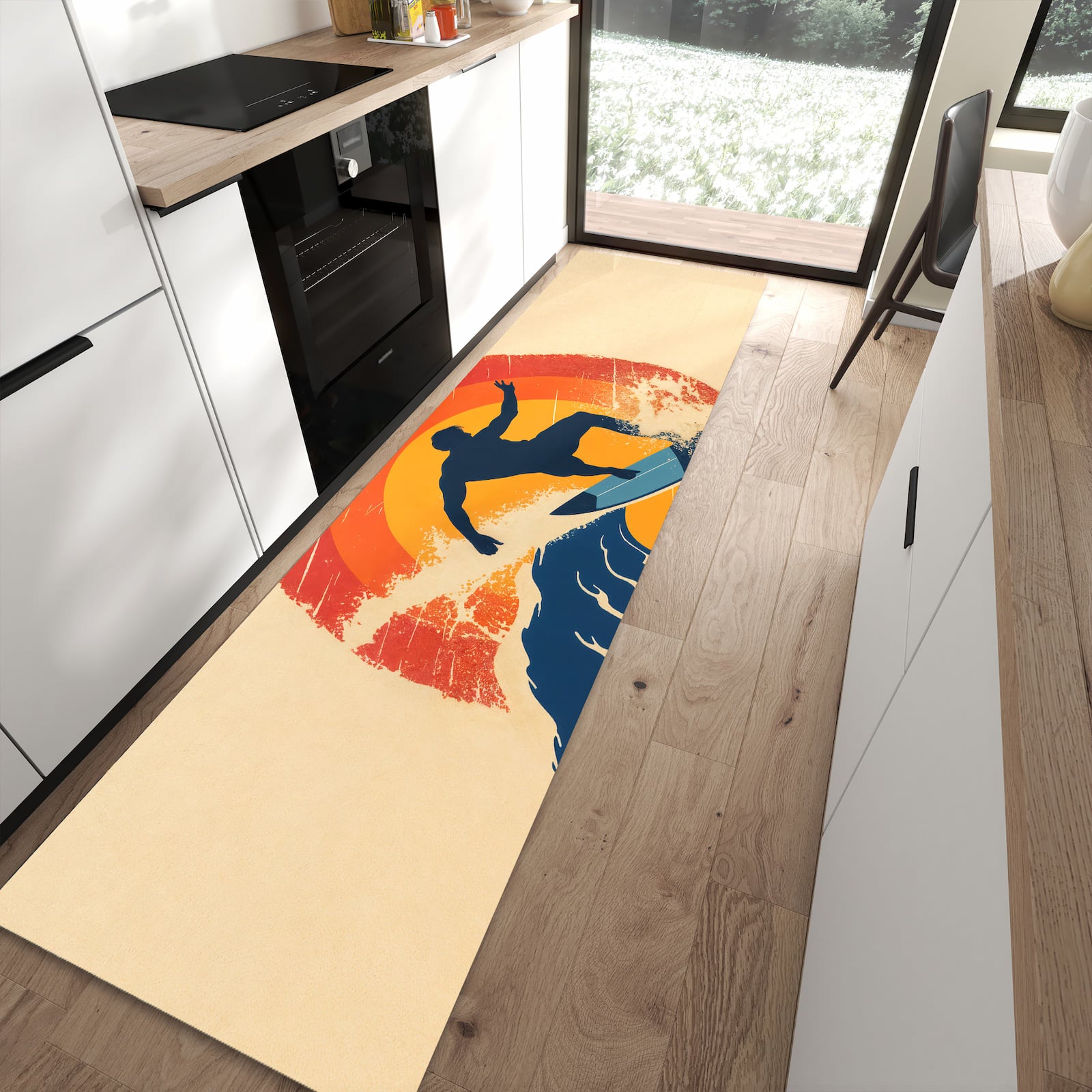 Fleckenresistenter waschbarer Küchenteppich mit Motiv Surferwelle in moderner Küche