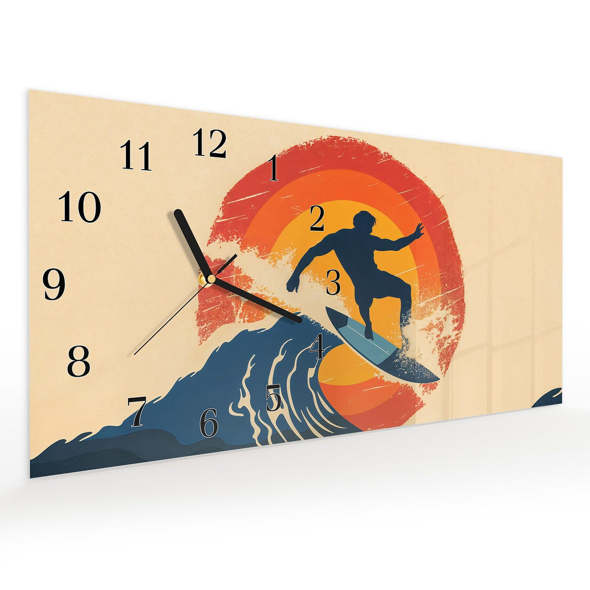 Vormontiert – mit Schwebeeffekt – Wanduhr Surferwelle aus Glas – Querformat 60 × 30 cm
