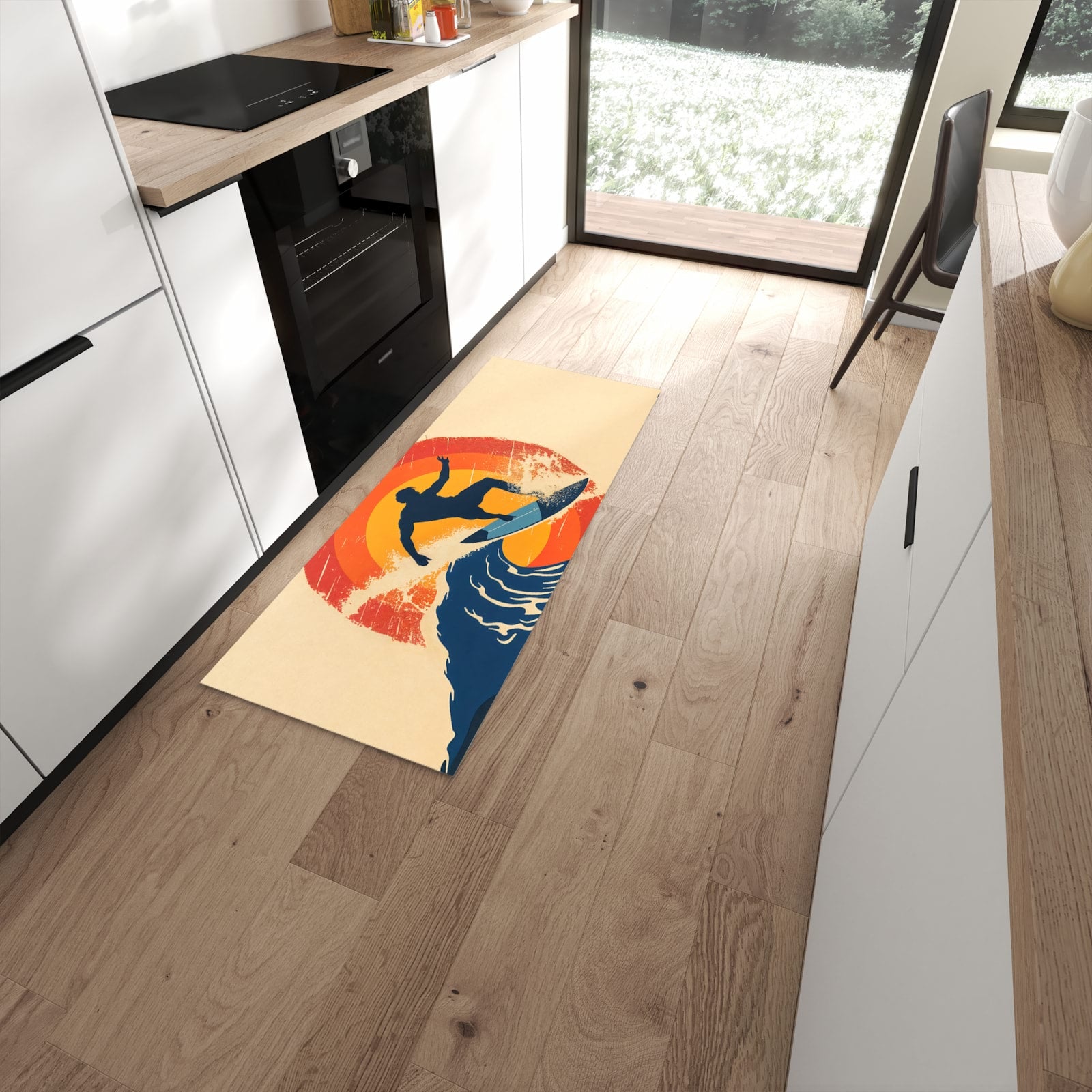 Farbbeständiger dünner Teppich mit Motiv Surferwelle in moderner Küche #grösse_60 x 150 cm