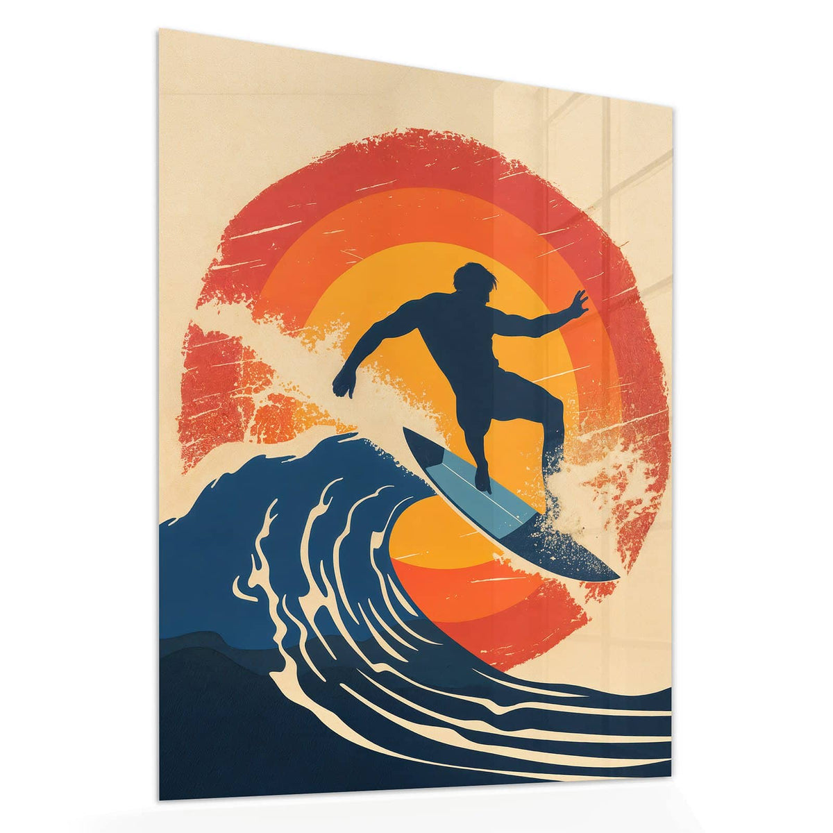 Echtglas, 4 mm – kein Acryl, keine Folie – Wandbild - Surfer vor Retrosonne - Hochformat