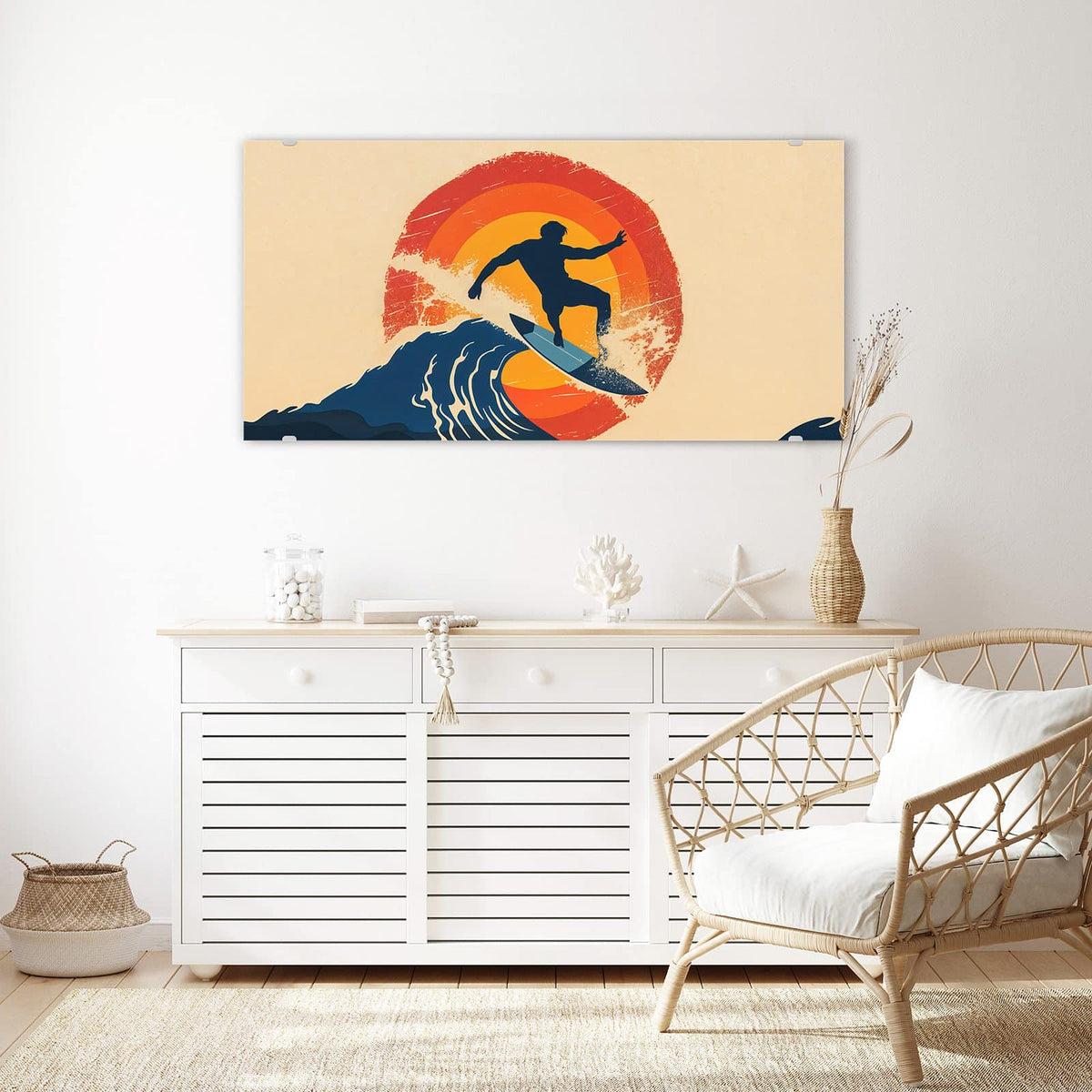 Echtglas, 4 mm – kein Acryl, keine Folie – Wandbild - Surfer vor Retrosonne - Querformat