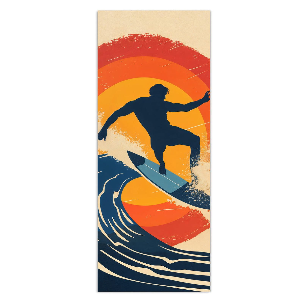 Retro-Grafik: Surfer-Silhouette auf blauer Welle vor einer roten Ringsonne, körniger Druck