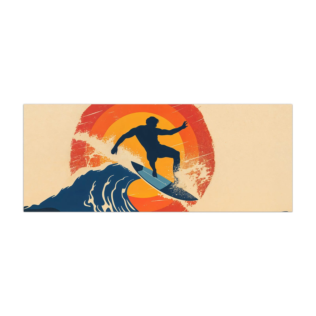Küchenrückwand aus Glas Surfer vor Retrosonne im Hochformat, Motiv bildfüllend von vorn