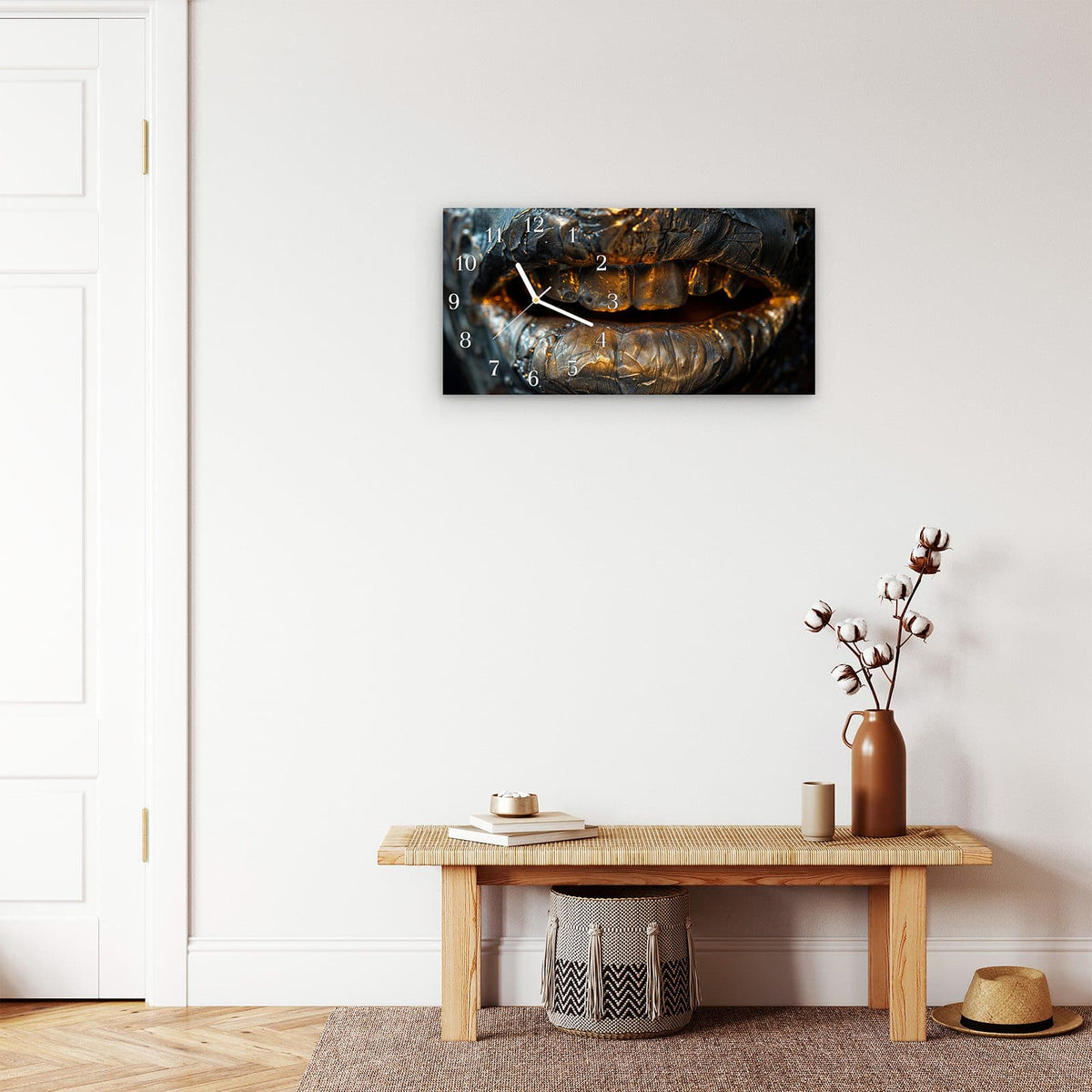 Moderne Wanduhr aus Glas mit Farbtiefe – Wanduhr Metallischer Mund aus Glas – Querformat 60 × 30 cm
