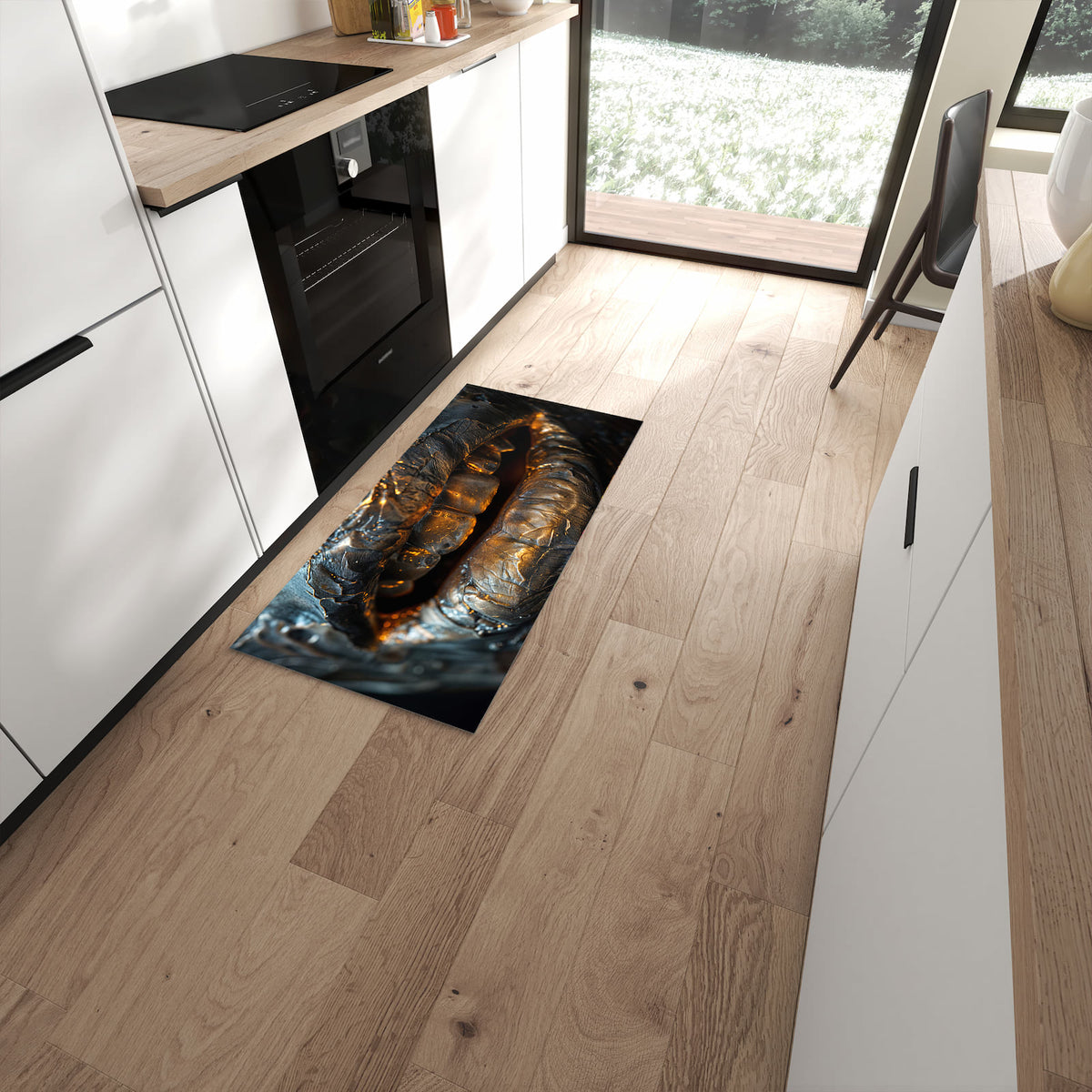 Pflegeleichter Läufer für die Küche mit Motiv Metallischer Mund in moderner Küche #grösse_60 x 120 cm