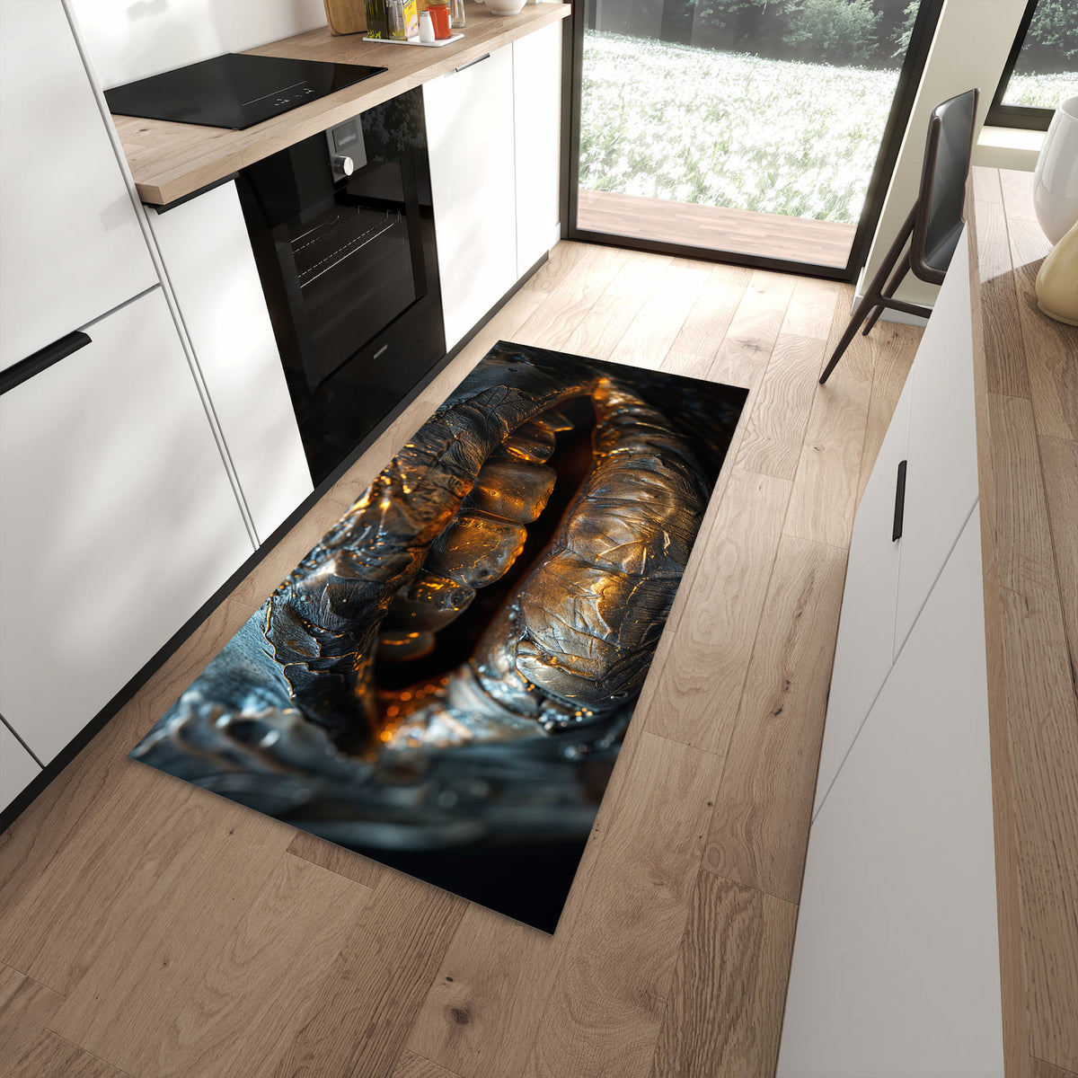Bodenschonender langer Teppich mit Motiv Metallischer Mund in moderner Küche