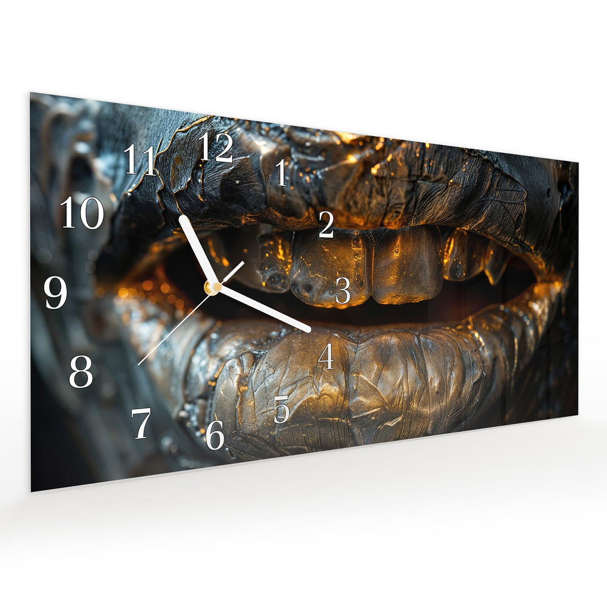 Vormontiert – mit Schwebeeffekt – Wanduhr Metallischer Mund aus Glas – Querformat 60 × 30 cm