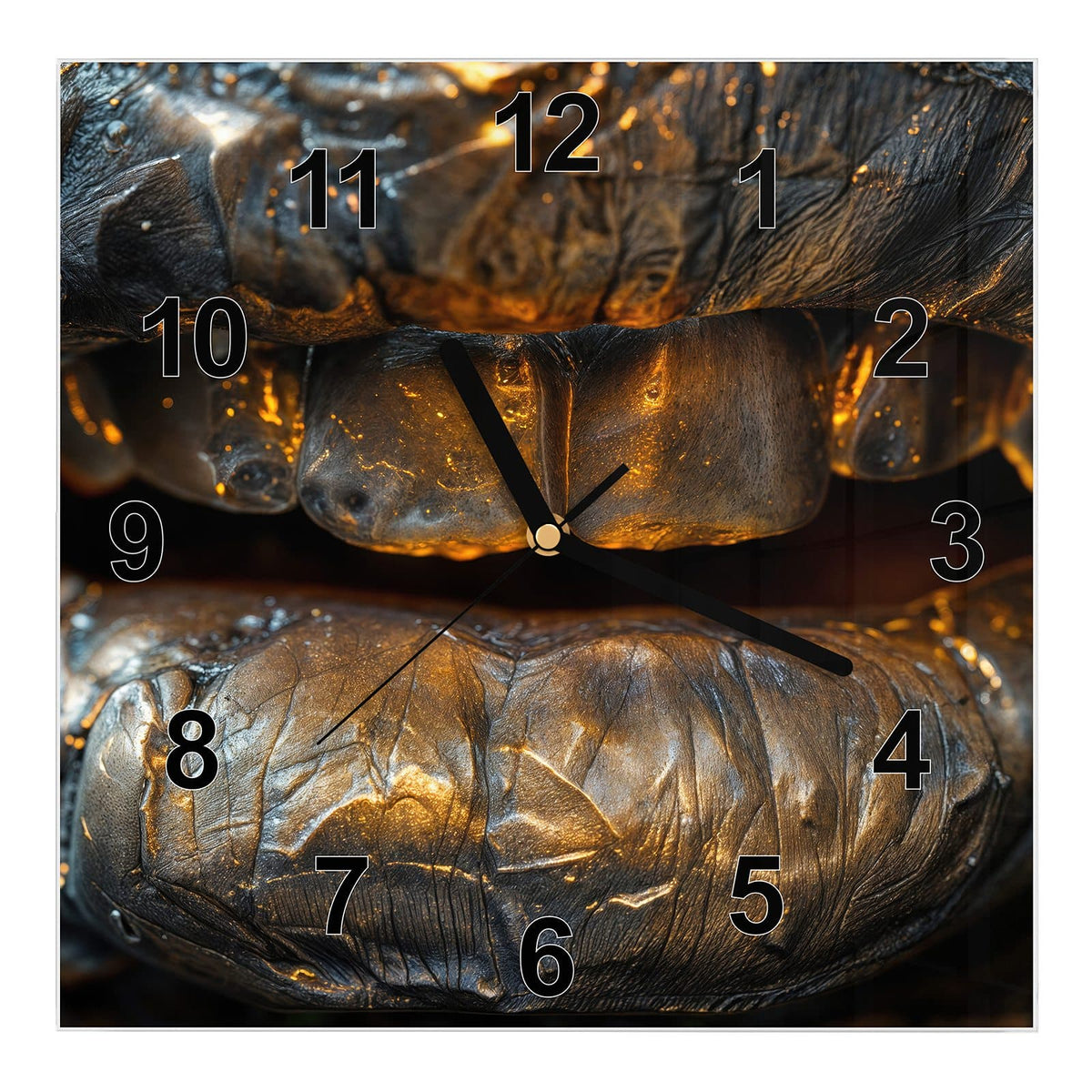 Wanduhr aus Glas, Ziffernblatt Modern mit Motiv Metallischer Mund: Nahaufnahme von Lippen und Zähnen, die wie poliertes Metall in Gold und Bronze glänzen #ziffernblatt_Modern