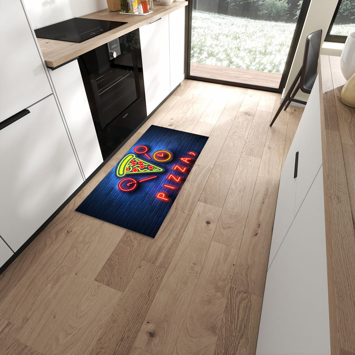 Formstabiler Küchenläufer nach Maß mit Motiv Pizzalieferservice in moderner Küche #grösse_60 x 120 cm