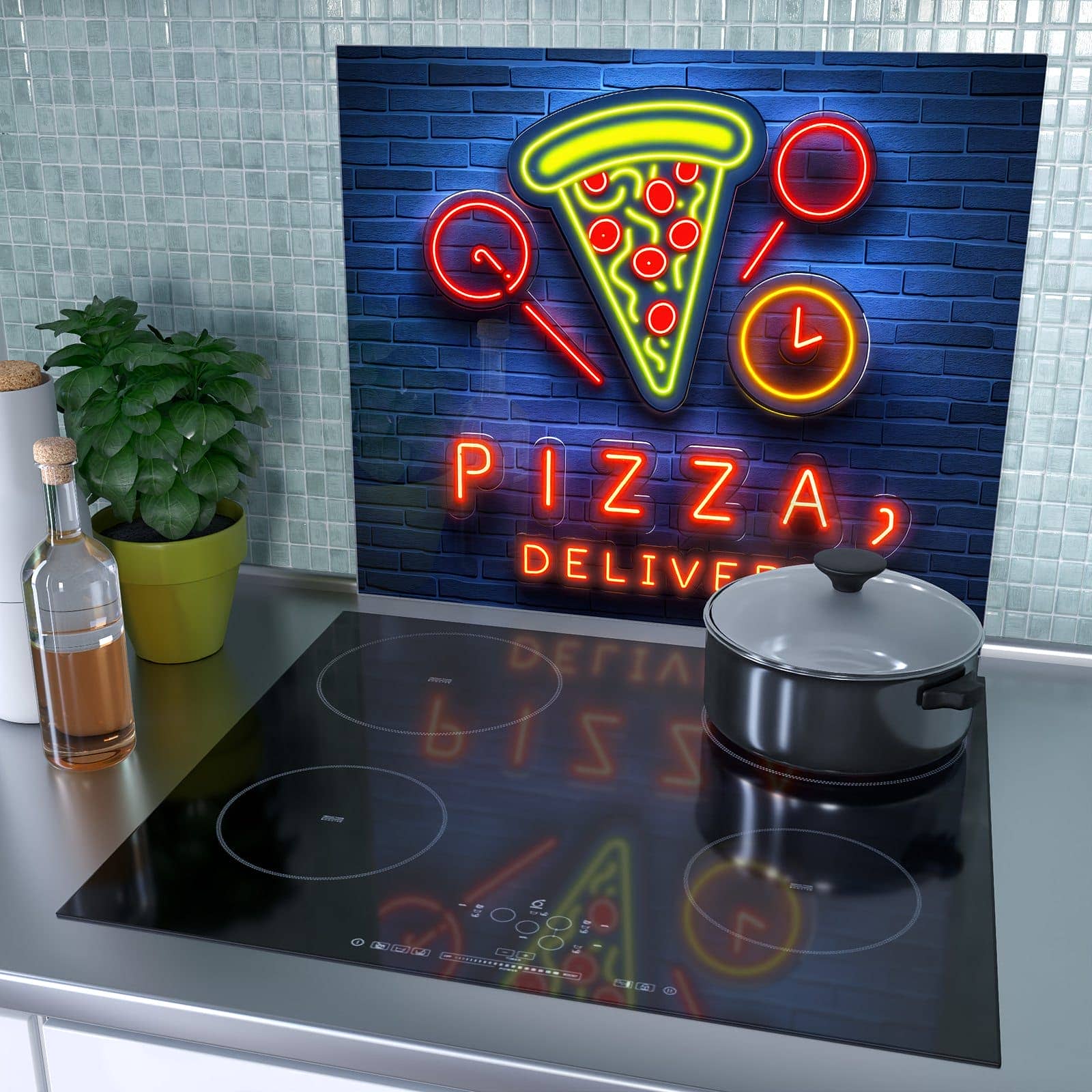 1-teilige Abdeckplatte für Ceranfeld mit Pizzalieferservice-Motiv als Spritzschutz hinter dem Kochfeld