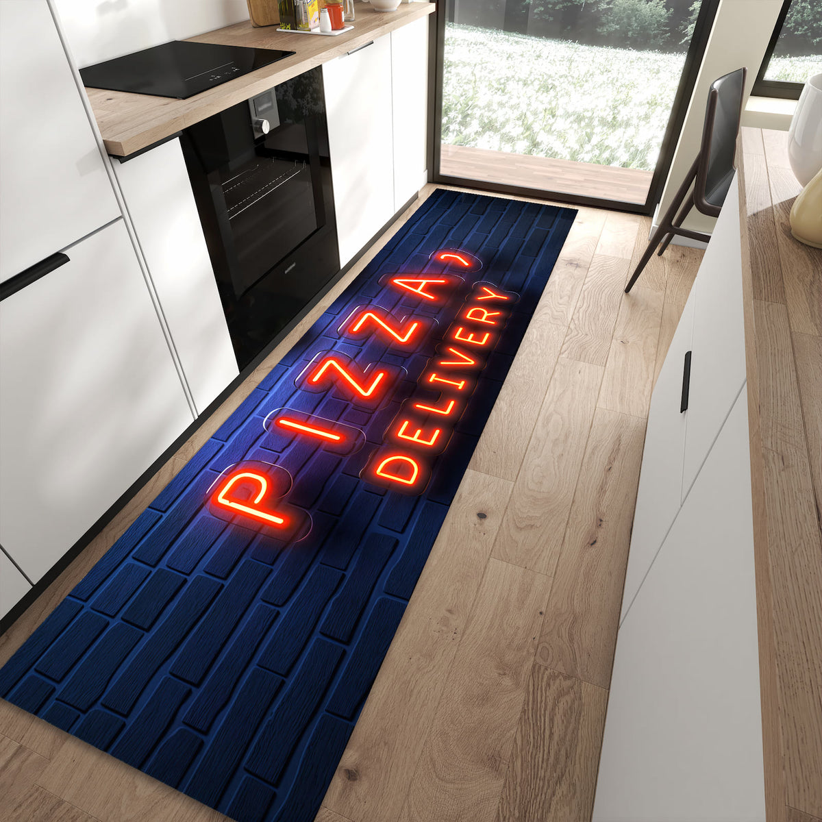 Geruchsneutraler Küchenteppich mit Motiv Pizzalieferservice in moderner Küche
