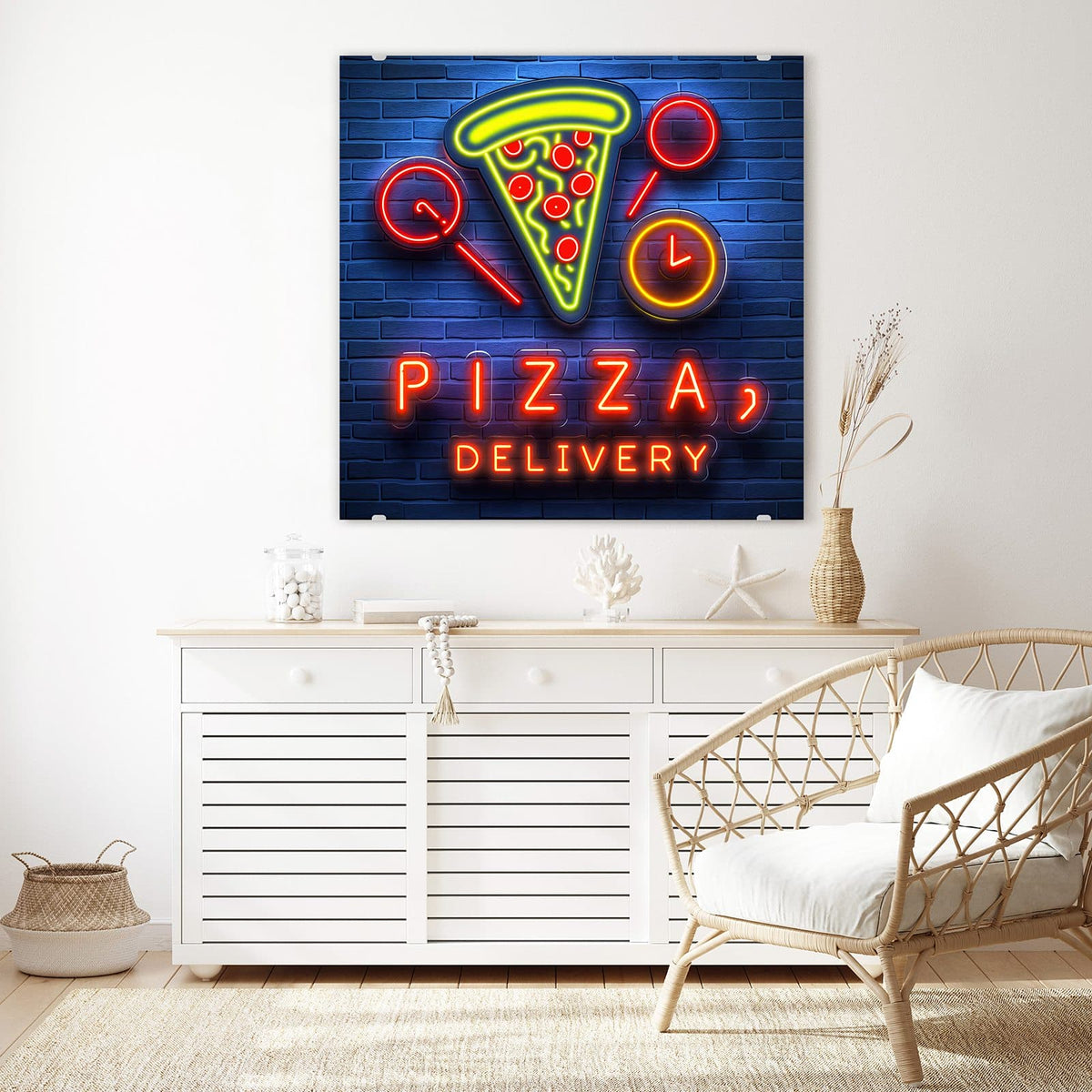 Echtglas, 4 mm – kein Acryl, keine Folie – Wandbild - Pizza in Neonlicht - Quadratisch