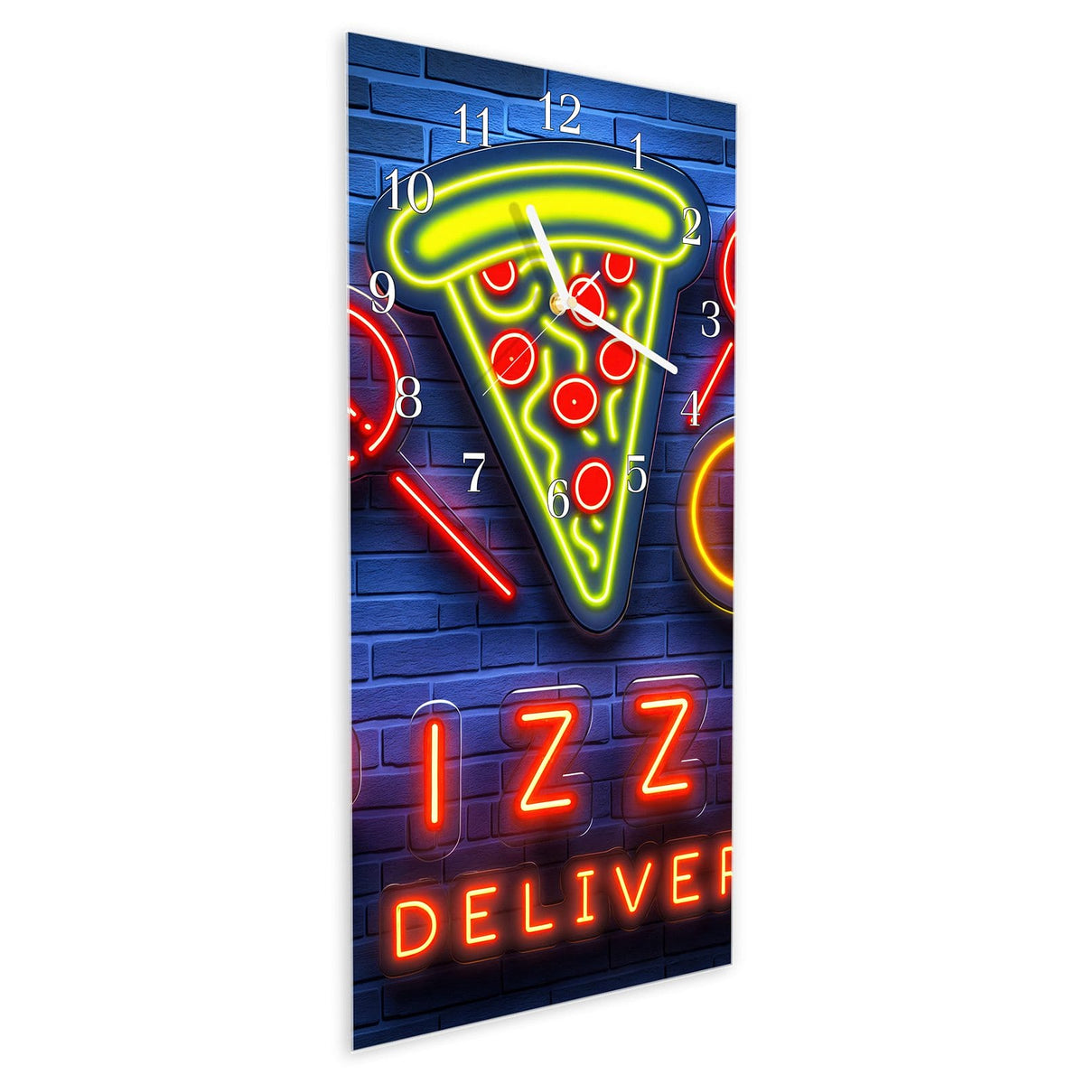 Vormontiert – mit Schwebeeffekt – Wanduhr Pizzalieferservice aus Glas – Hochformat 30 × 60 cm
