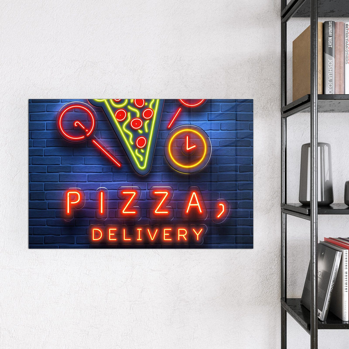 Magnettafel - Pizza in Neonlicht – Neon-Pizza vor blauem Backstein