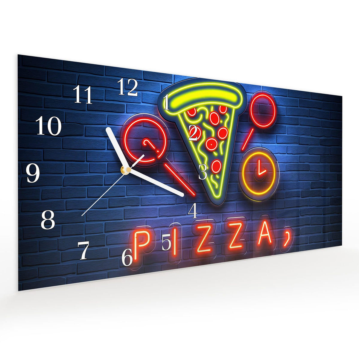 Vormontiert – mit Schwebeeffekt – Wanduhr Pizzalieferservice aus Glas – Querformat 60 × 30 cm