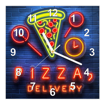 Wanduhr Quadratisch mit dem Motiv Pizza in Neonlicht