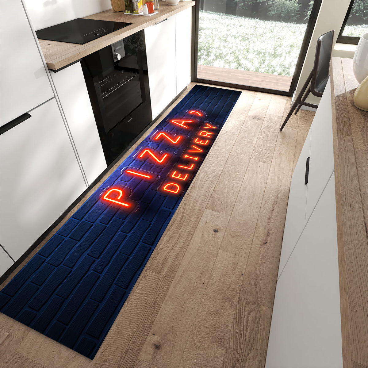 UV-beständiger Küchenteppich mit Motiv Pizzalieferservice in moderner Küche