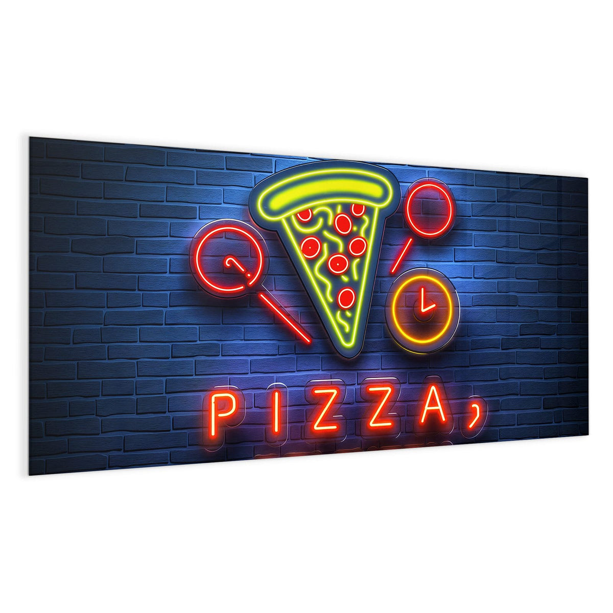Neon-Leuchtreklame 'PIZZA, DELIVERY' mit Pizzastück und Uhren vor blauer Backsteinwand