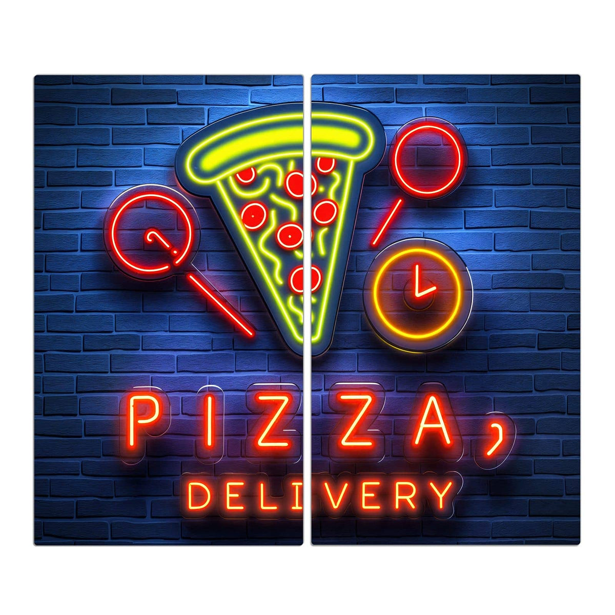 Neon-Leuchtreklame 'PIZZA, DELIVERY' mit Pizzastück und Uhren vor blauer Backsteinwand
