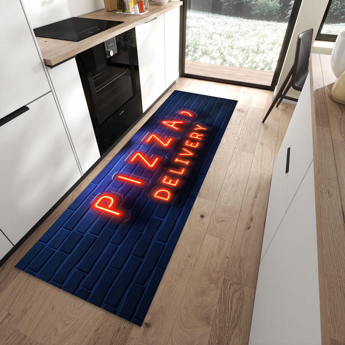 Fleckenresistenter Küchenteppich mit Motiv Pizzalieferservice in moderner Küche