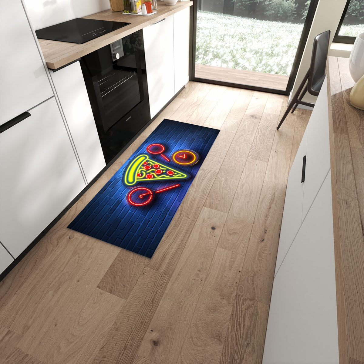 Waschbarer Küchenläufer mit Motiv Pizzalieferservice in moderner Küche für sichere Aufbewahrung #grösse_60 x 150 cm
