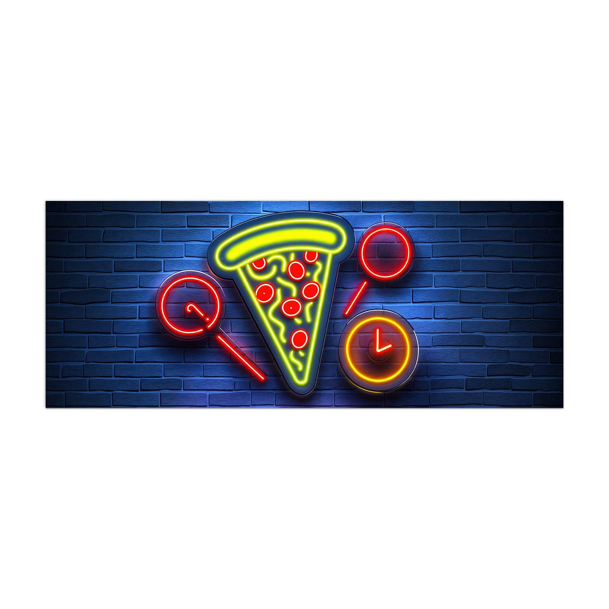 Küchenrückwand aus Glas Pizza in Neonlicht im Hochformat, Motiv bildfüllend von vorn