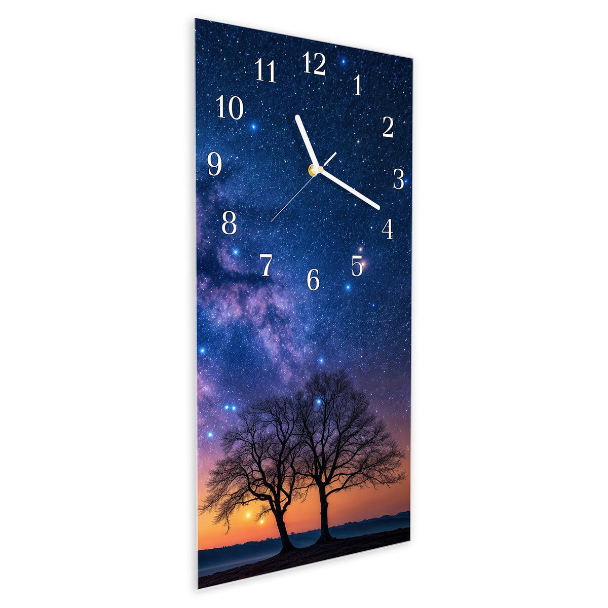 Vormontiert – mit Schwebeeffekt – Wanduhr Sternenhimmel Baum aus Glas – Hochformat 30 × 60 cm