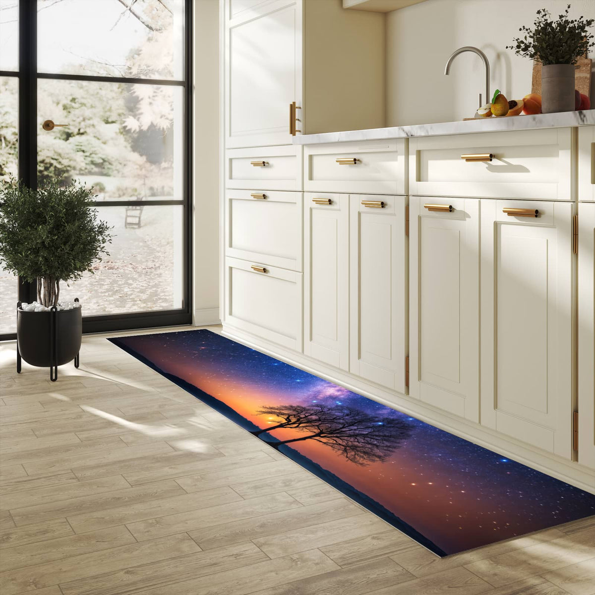 Geruchsneutraler langer Teppich mit Motiv Sternenhimmel Baum in heller Küche