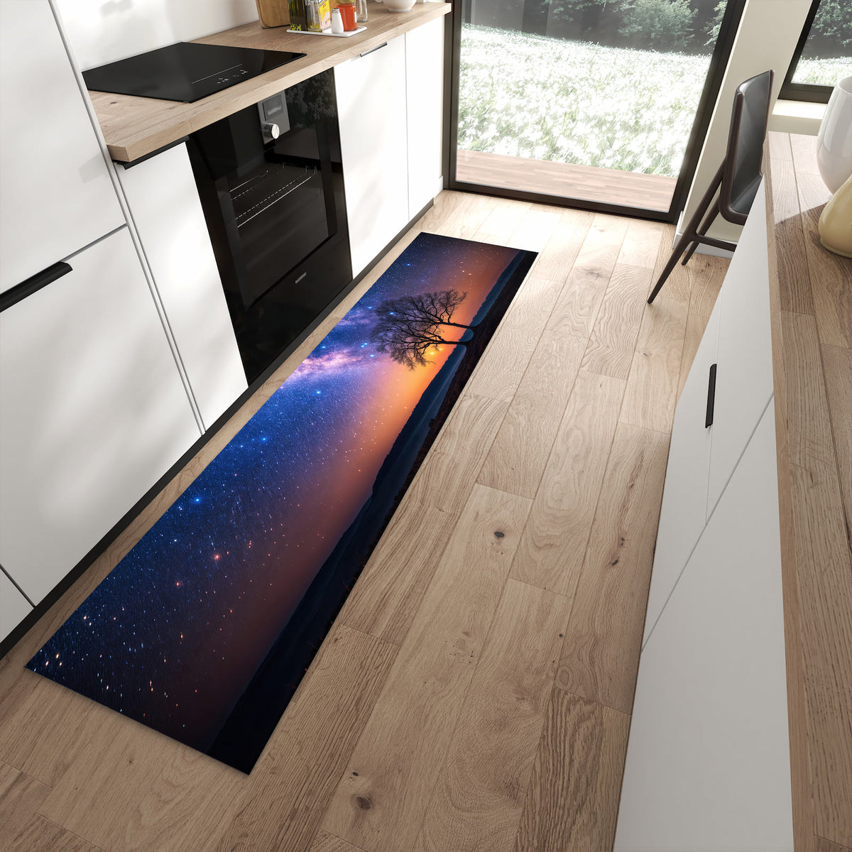 Hygienischer Küchenteppich mit Motiv Sternenhimmel Baum in moderner Küche - waschbar