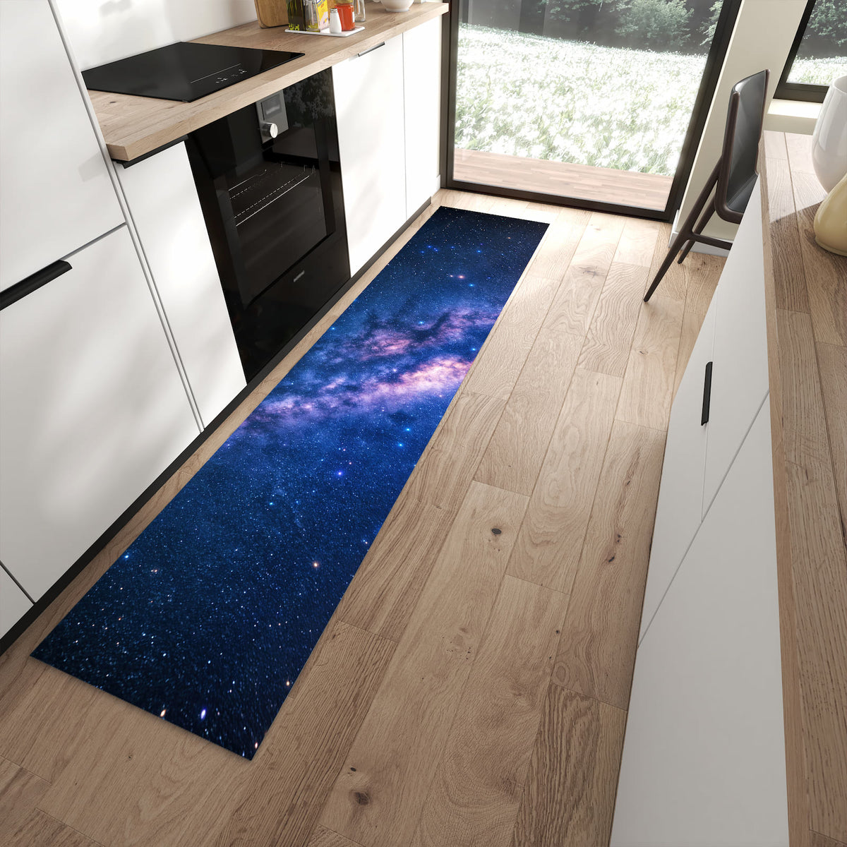 Strapazierfähiger Küchenläufer mit Motiv Sternenhimmel Baum in moderner Küche