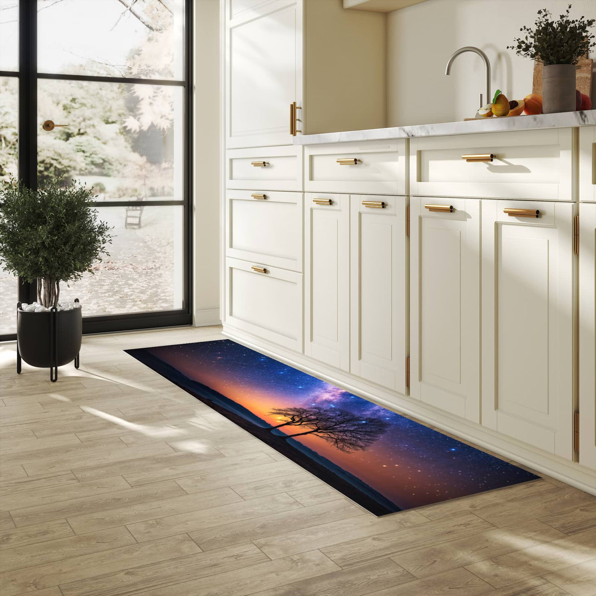 Fleckenresistenter waschbarer Läufer mit Motiv Sternenhimmel Baum in heller Küche