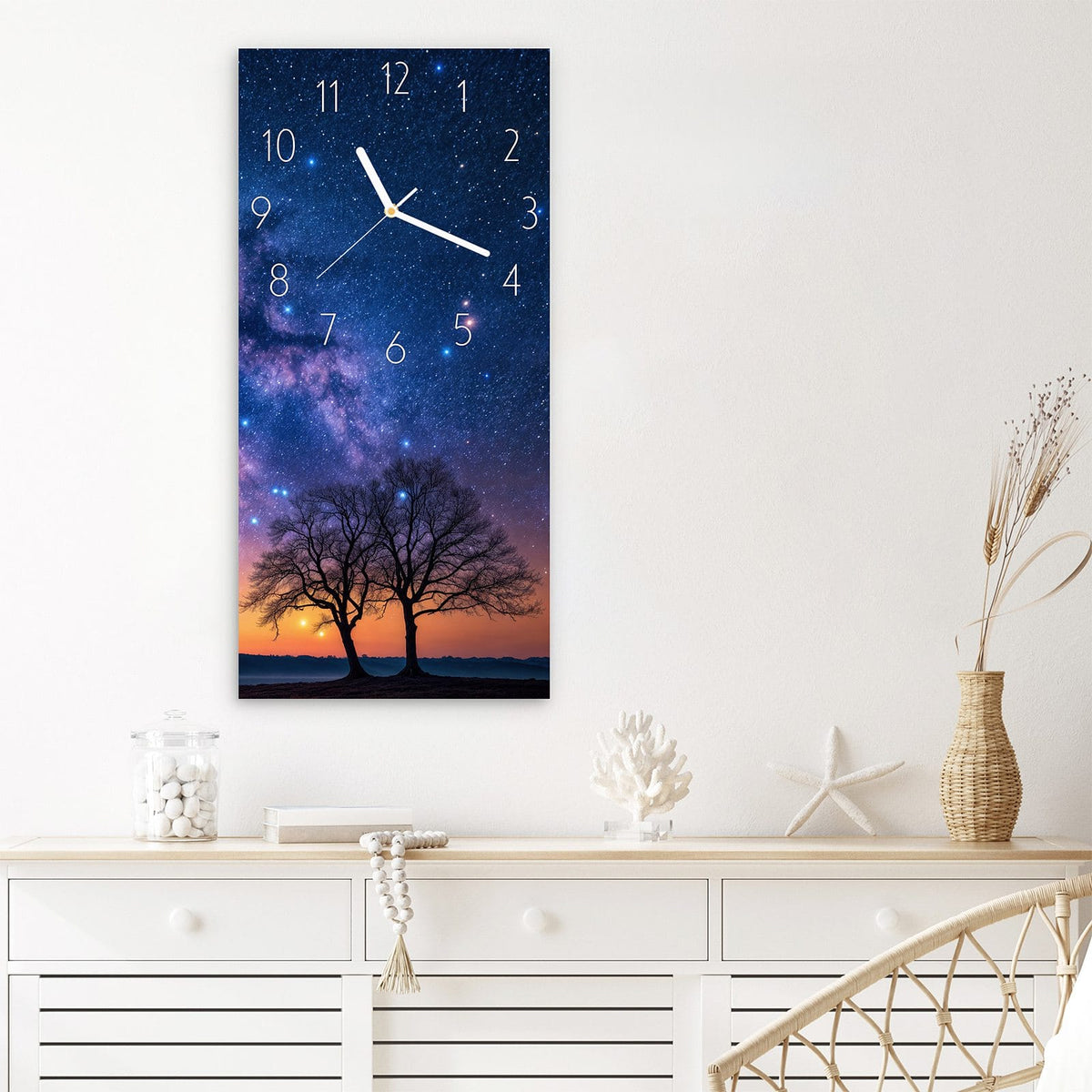 Wanduhr Sternenhimmel Baum aus Glas – Baumsilhouette unter der Milchstraße