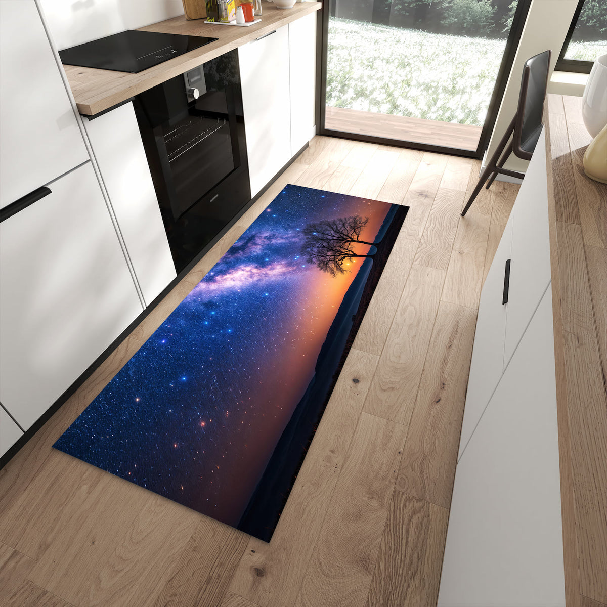 Rutschfester Küchenläufer mit Motiv Sternenhimmel Baum in moderner Küche