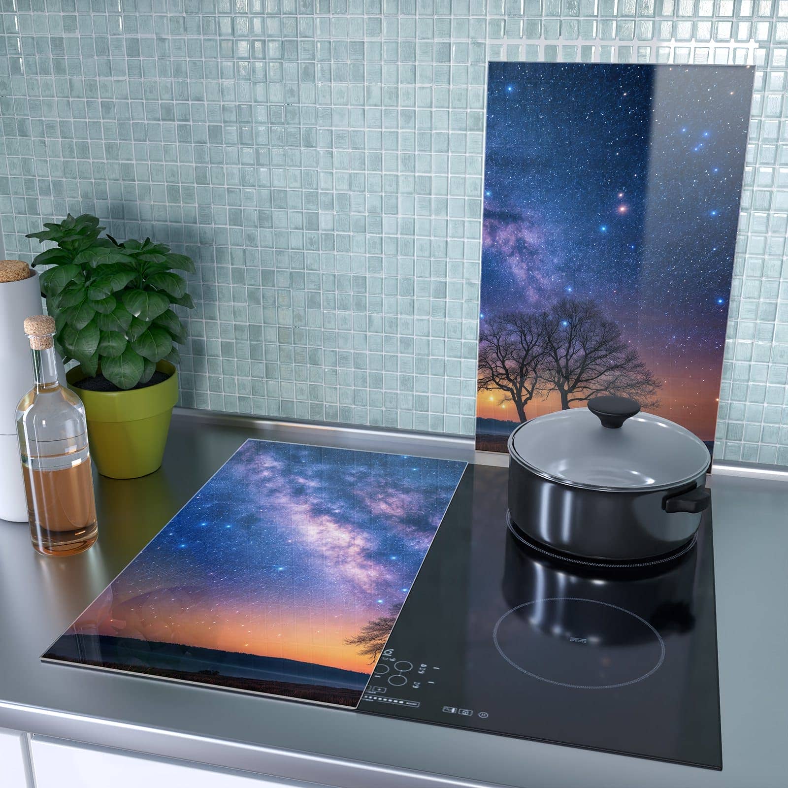 2-teilige Glasplatte für Herd mit Sternenhimmel Baum-Motiv als Spritzschutz hinter dem Kochfeld