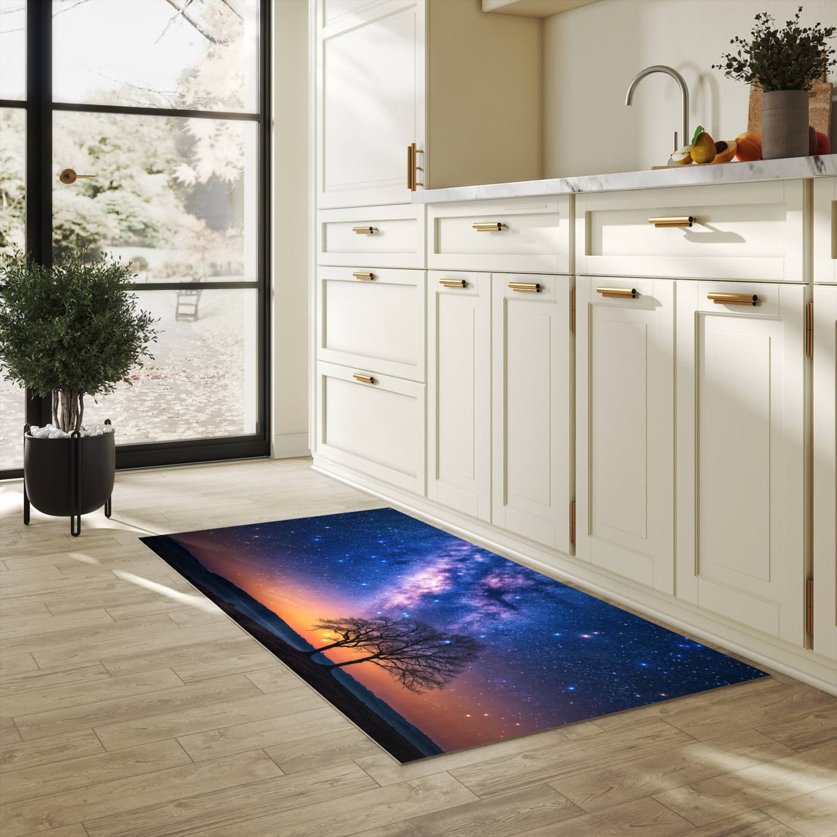 Waschbarer Teppich fürs Esszimmer mit Motiv Sternenhimmel Baum in heller Küche