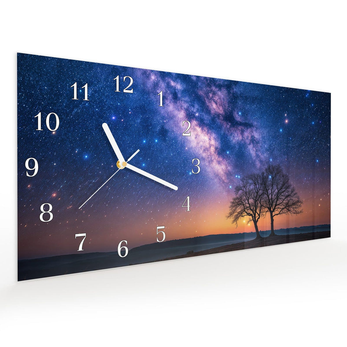 Vormontiert – mit Schwebeeffekt – Wanduhr Sternenhimmel Baum aus Glas – Querformat 60 × 30 cm