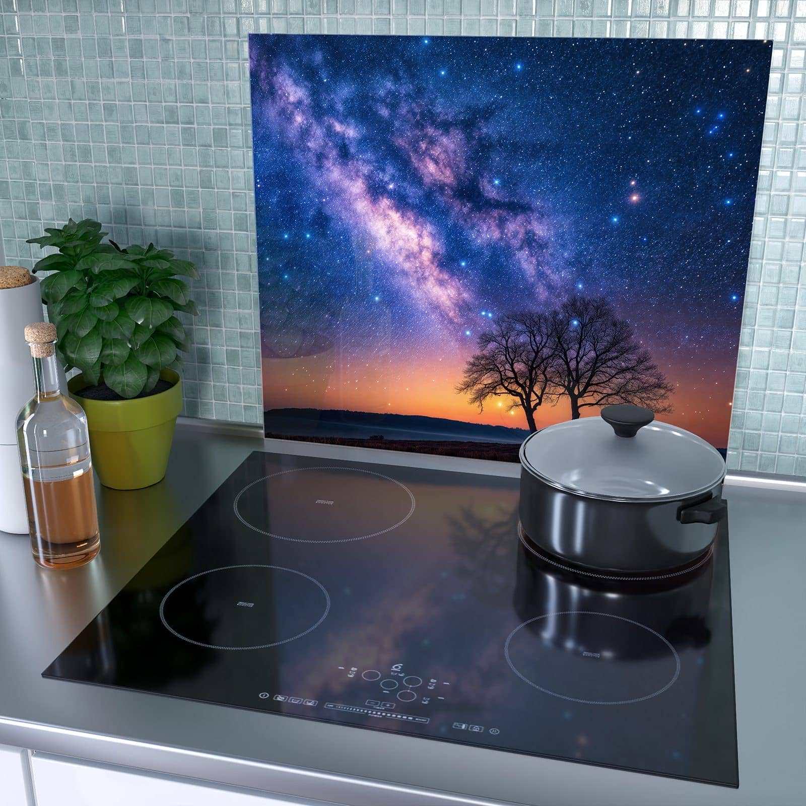 1-teilige Herdabdeckplatte mit Sternenhimmel Baum-Motiv als Spritzschutz hinter dem Kochfeld