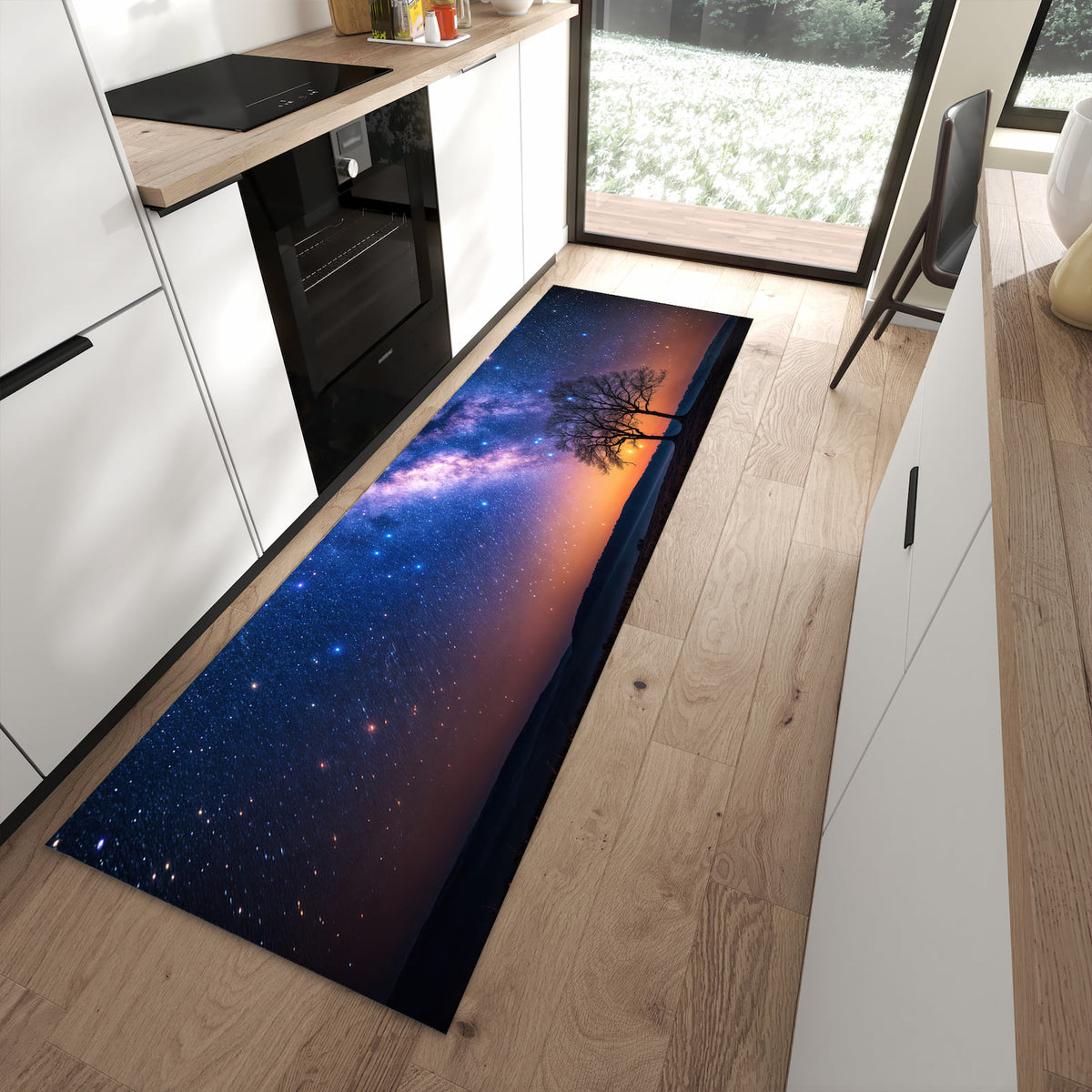 Feuchtigkeitsresistenter rutschfester Küchenläufer mit Motiv Sternenhimmel Baum in moderner Küche