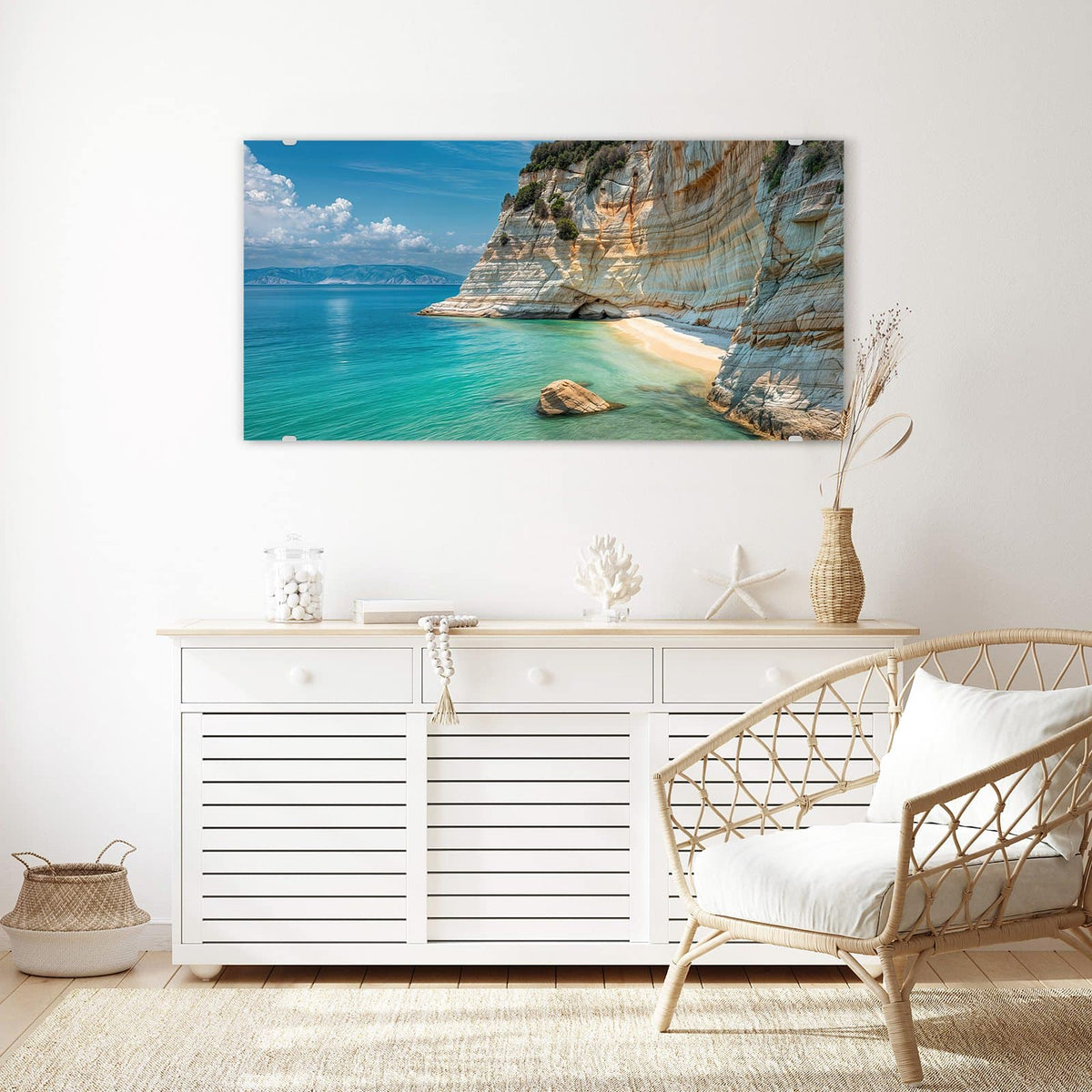 Echtglas, 4 mm – kein Acryl, keine Folie – Wandbild - Bucht mit Kalkklippen - Querformat