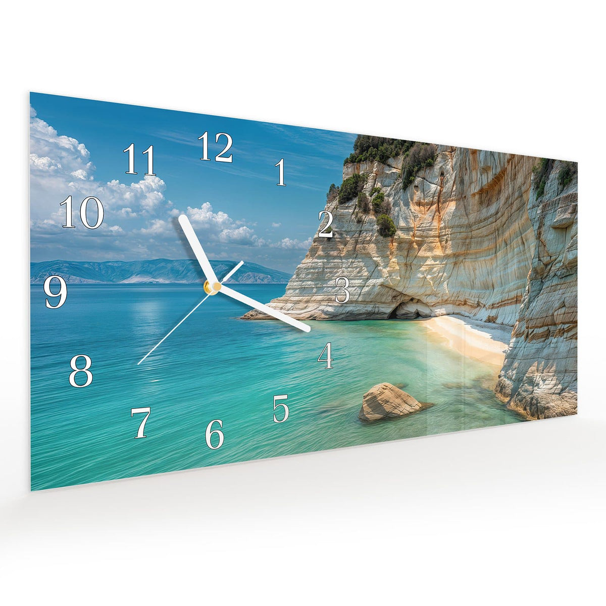 Vormontiert – mit Schwebeeffekt – Wanduhr Küstenparadies aus Glas – Querformat 60 × 30 cm