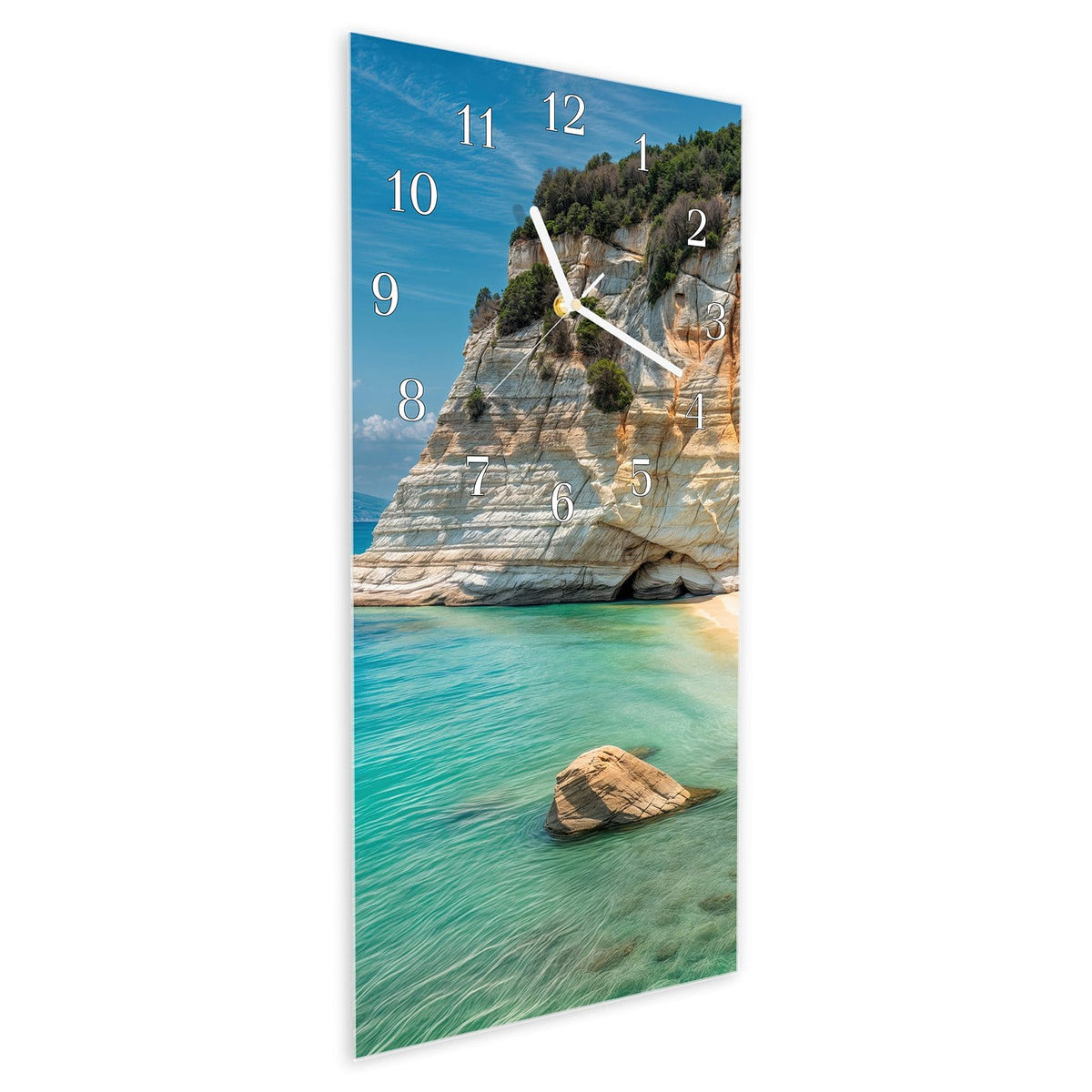 Vormontiert – mit Schwebeeffekt – Wanduhr Küstenparadies aus Glas – Hochformat 30 × 60 cm