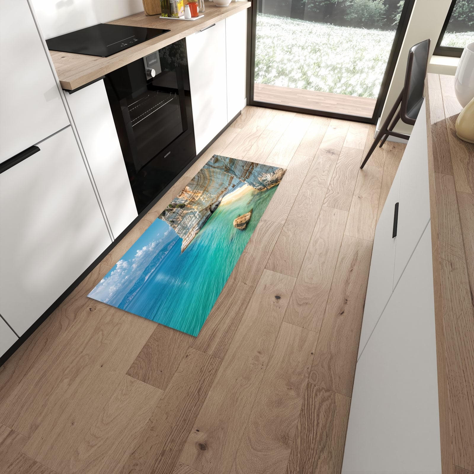 Geräuschdämpfender dünner Küchenteppich mit Motiv Küstenparadies in moderner Küche #grösse_60 x 150 cm