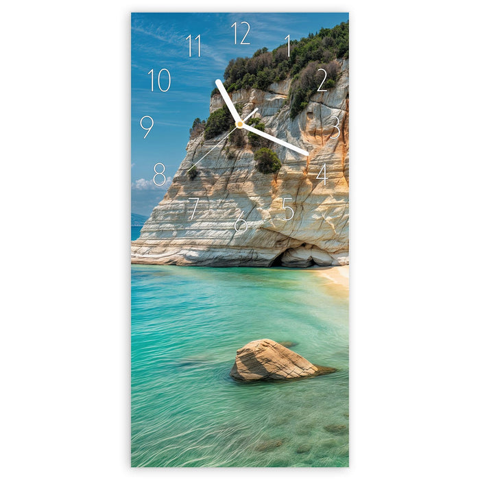 Wanduhr Küstenparadies aus Glas – Hochformat 30 × 60 cm mit Ziffernblatt Elegant