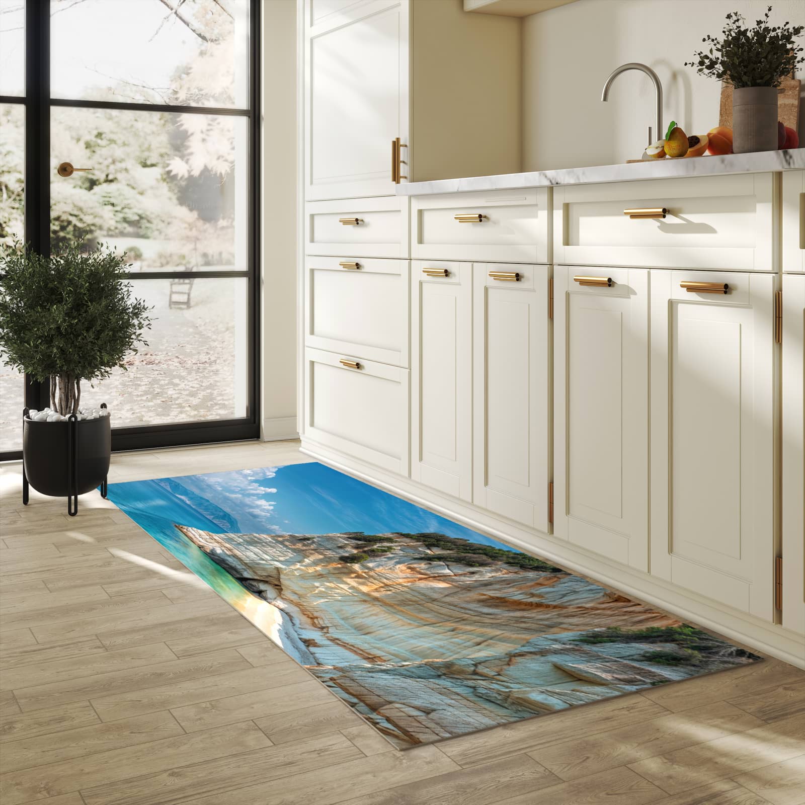 Abriebfester waschbarer Teppich Küche mit Motiv Küstenparadies in heller Küche