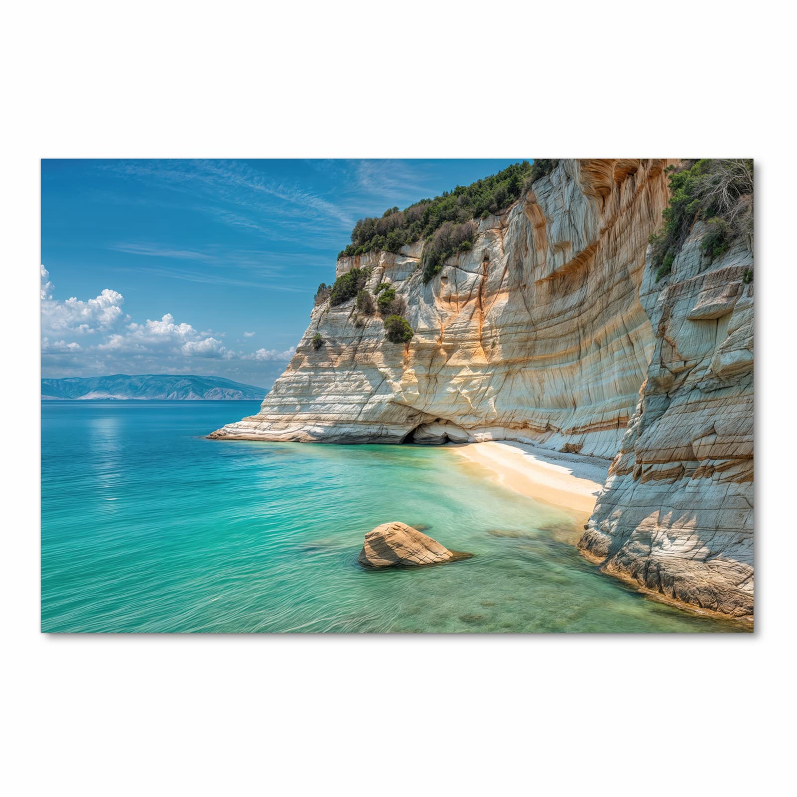 Waschbarer Teppich für Esstisch mit Motiv Küstenparadies in Frontansicht sicher aufbewahrt